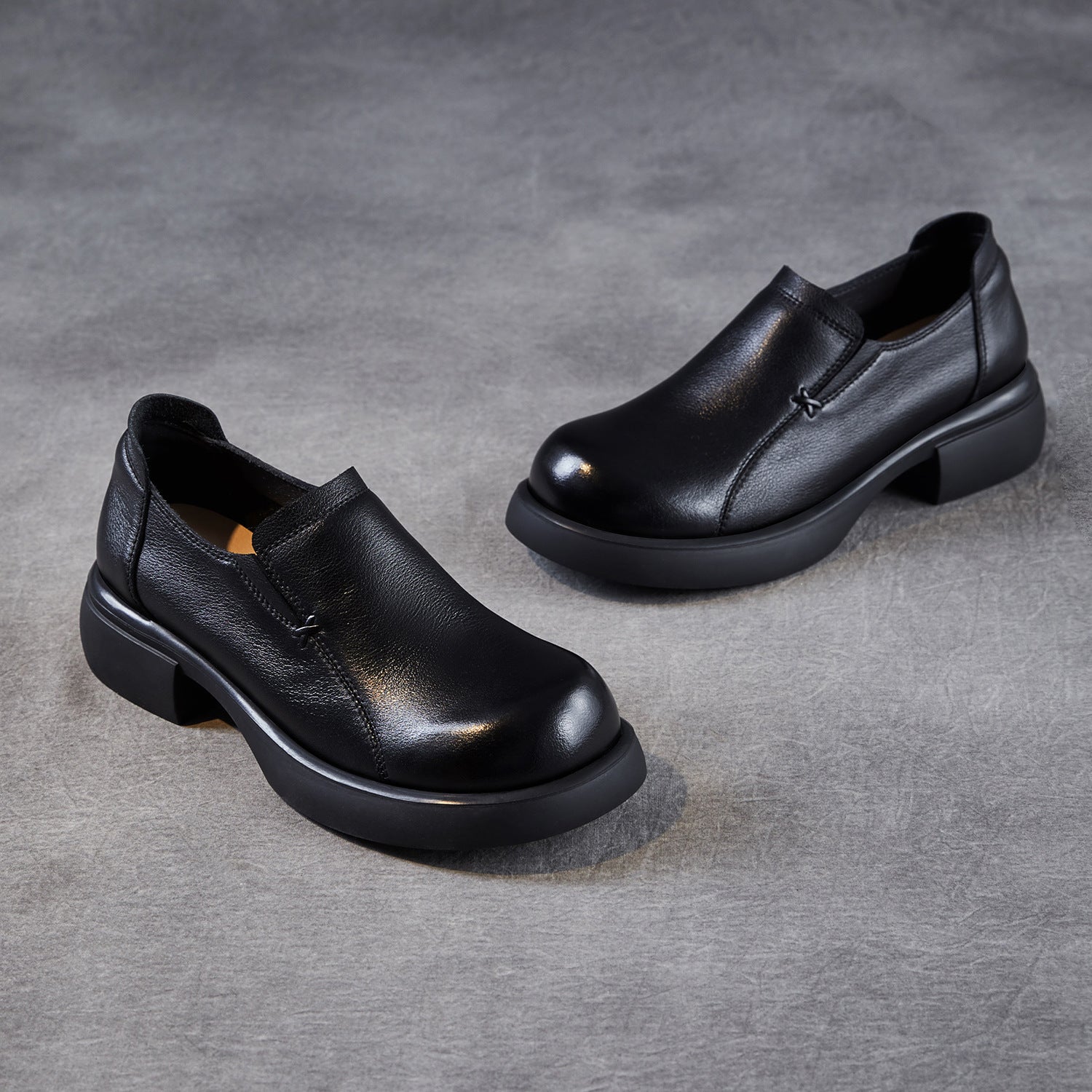 Women's Minimalist Plain Leather Thick Soled Loafers-RAIIFY