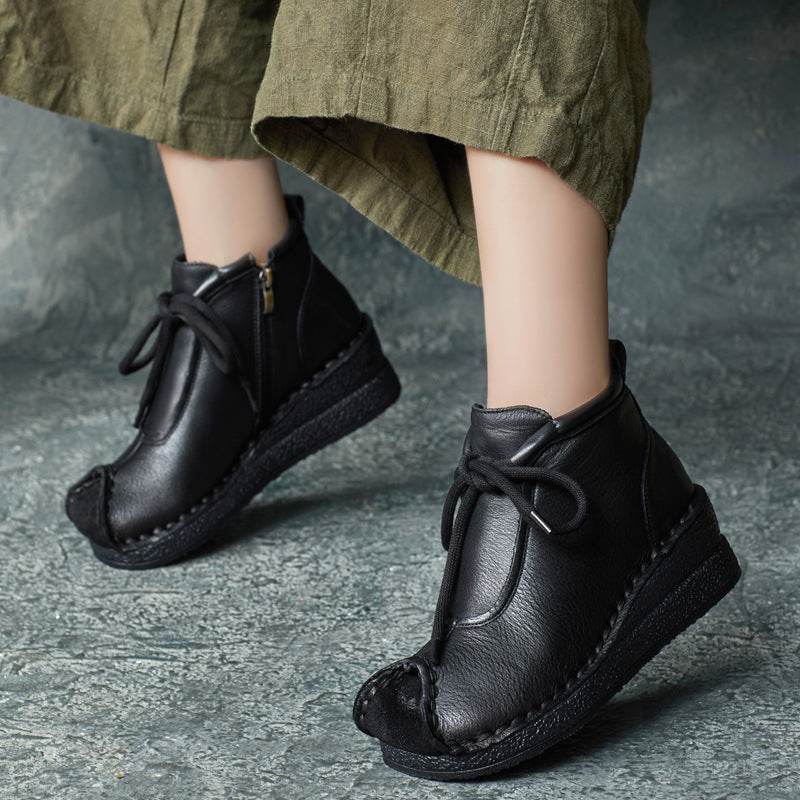 Women Vintage Soft Leather Wedge Ankle Boots-RAIIFY