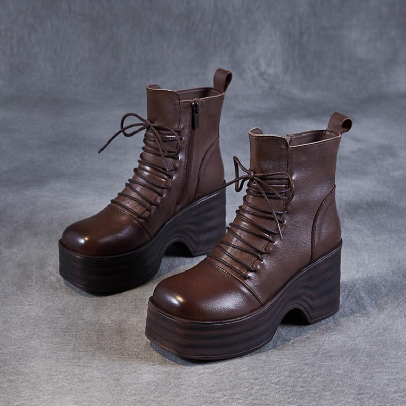 Women Vintage Solid Leather Chunky Platform Boots-RAIIFY