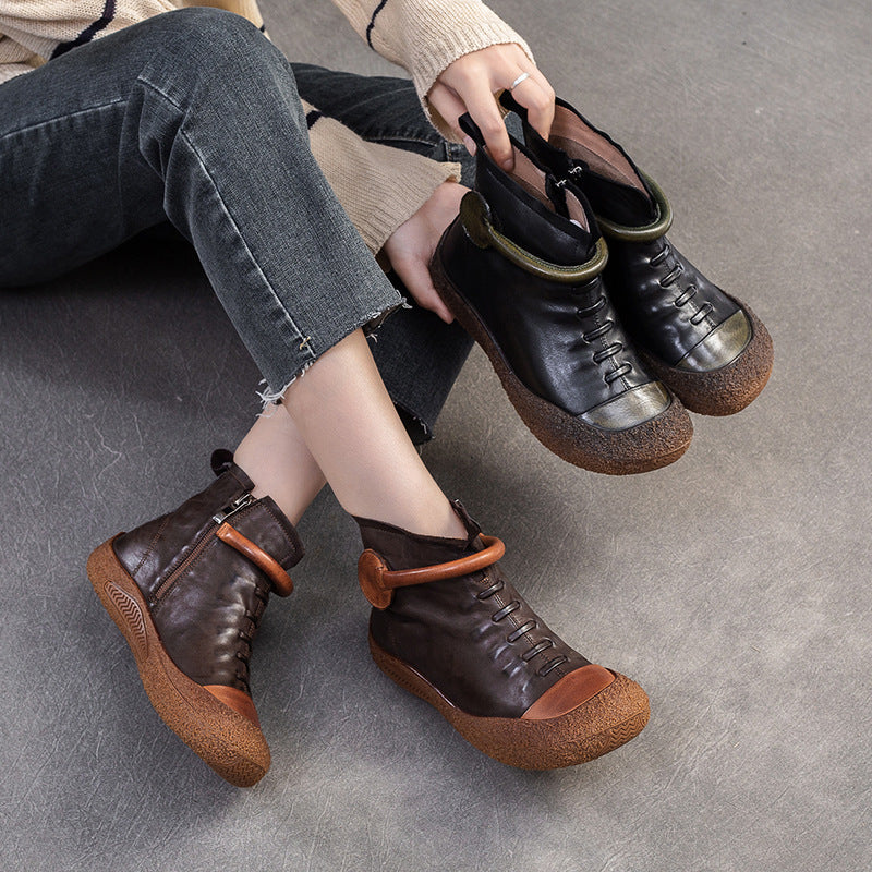 Women Vintage Soft Leather Flat Ankle Boots-RAIIFY