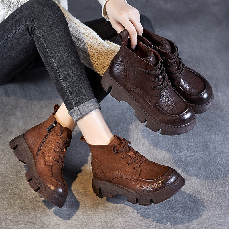 Women Vintage Leather Thick Soled Ankle Boots-RAIIFY