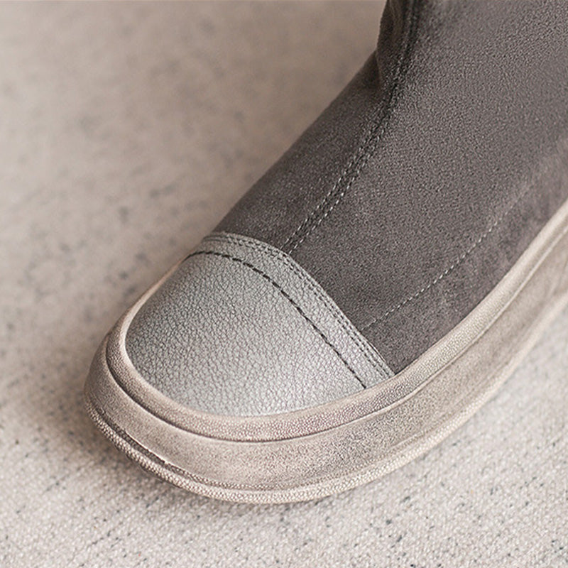 Women Minimalist Patchwork Elastic Canvas Flat Boots-RAIIFY