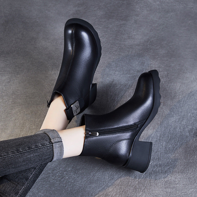 Women Fashion Solid Leather Chunky Heel Ankle Boots-RAIIFY