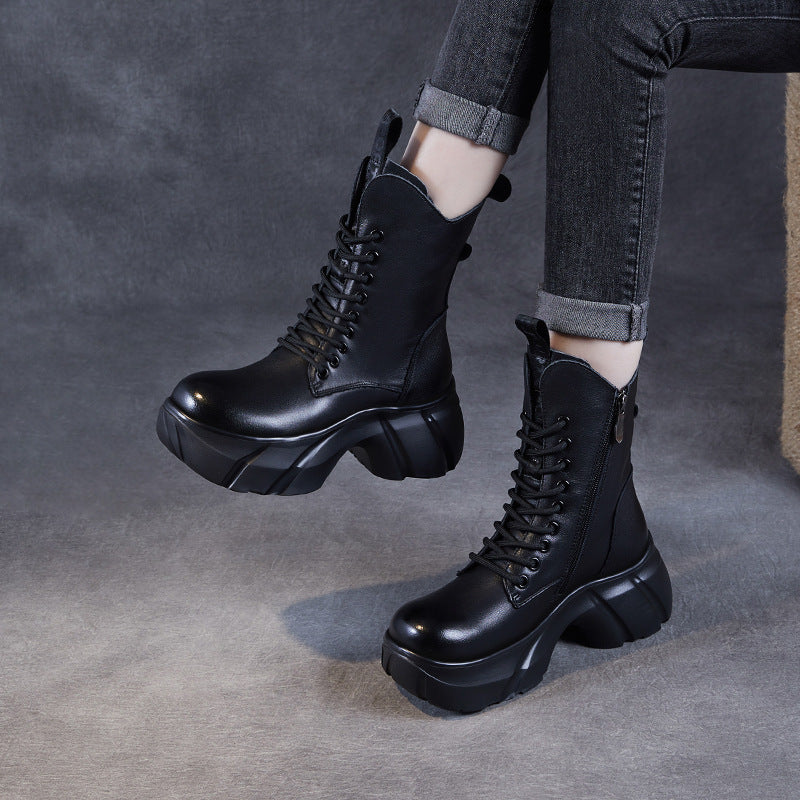 Women Retro Soft Leather Chunky Platform Boots-RAIIFY