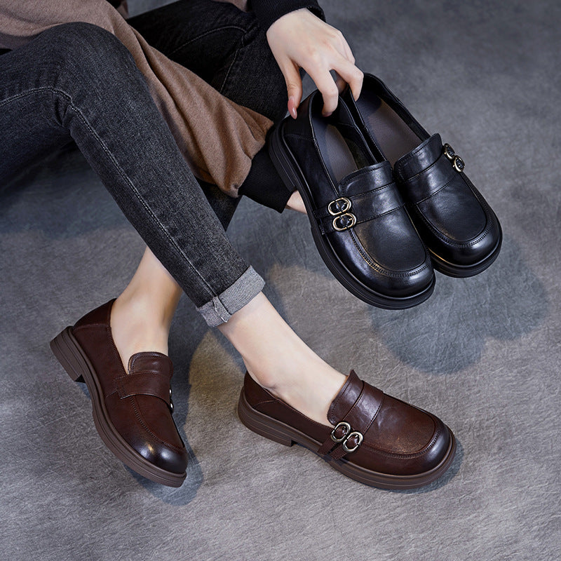 Women Retro Solid Leather Buckle Flat Loafers-RAIIFY