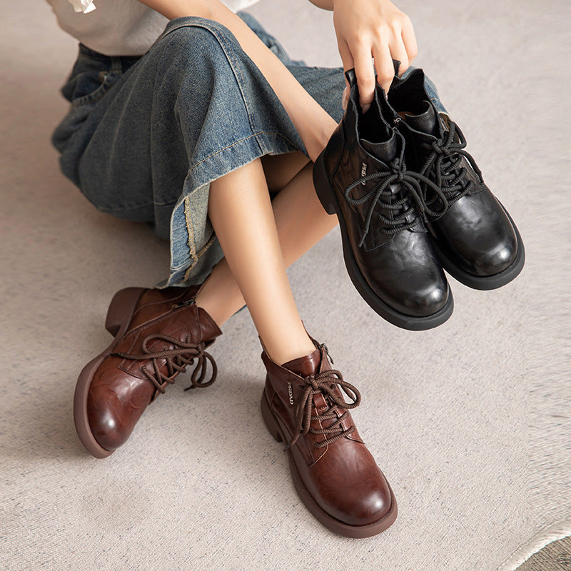 Women Retro Leather Low Block Ankle Boots-RAIIFY