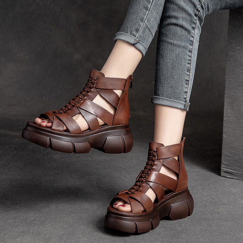 Women's Retro Plaited Leather High Top Platform Sandals-RAIIFY