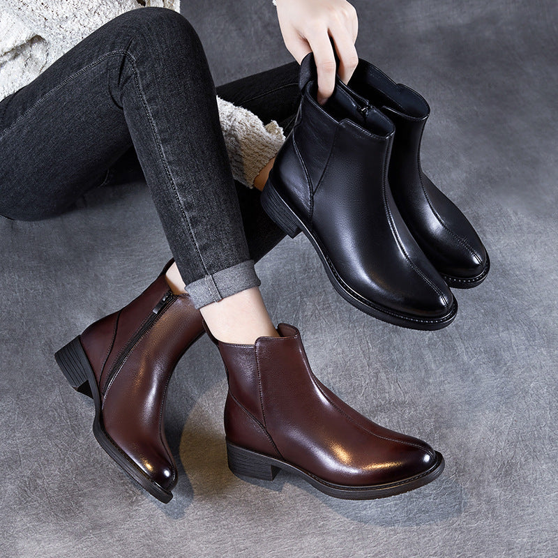 Women Retro Solid Leather Casual Ankle Boots-RAIIFY