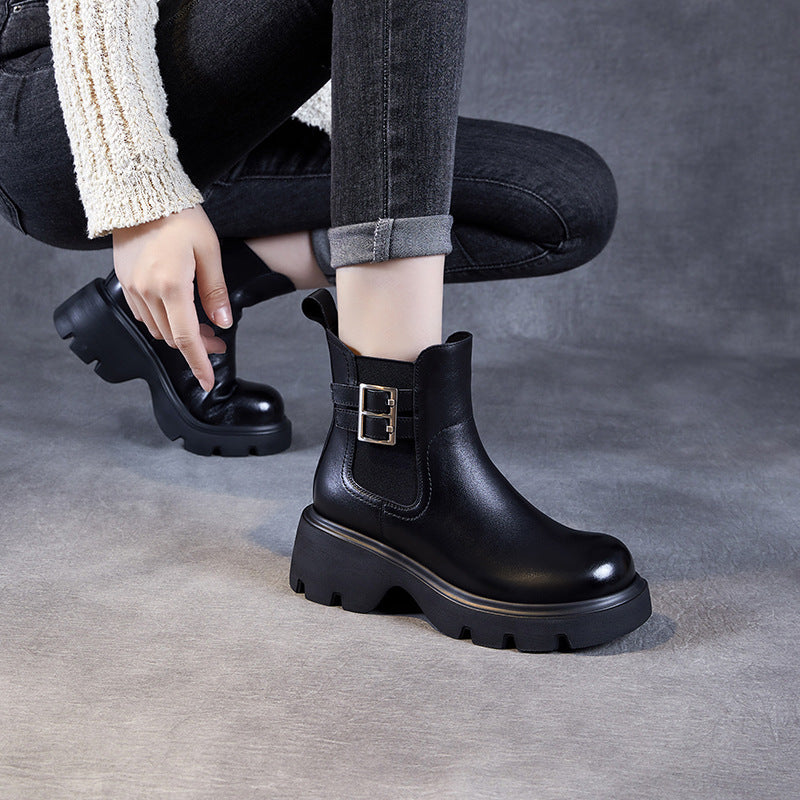 Women Retro Leather Buckle Platform Casual Boots-RAIIFY