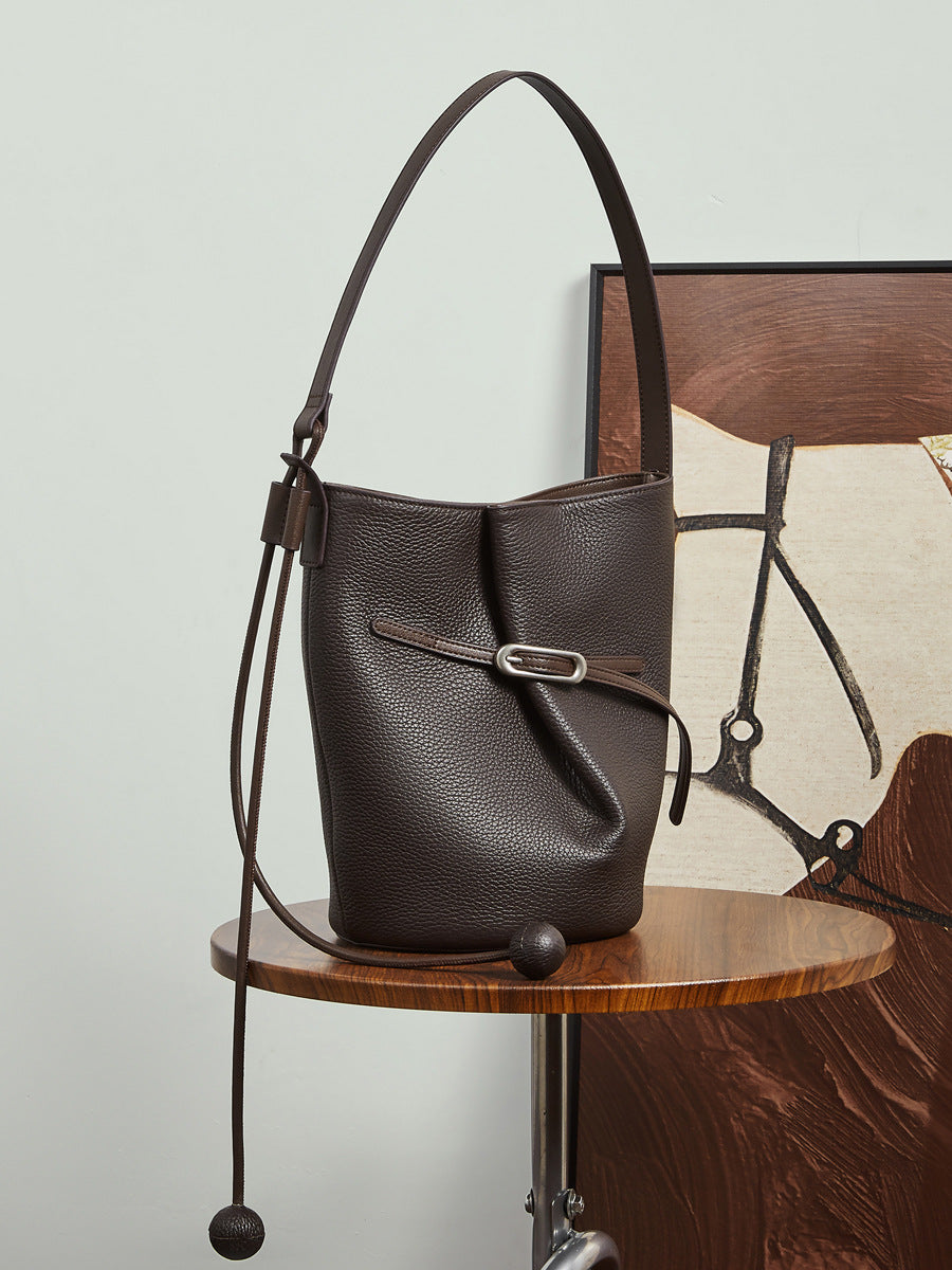 Women's Retro Plain Leather Bucket Bag-RAIIFY