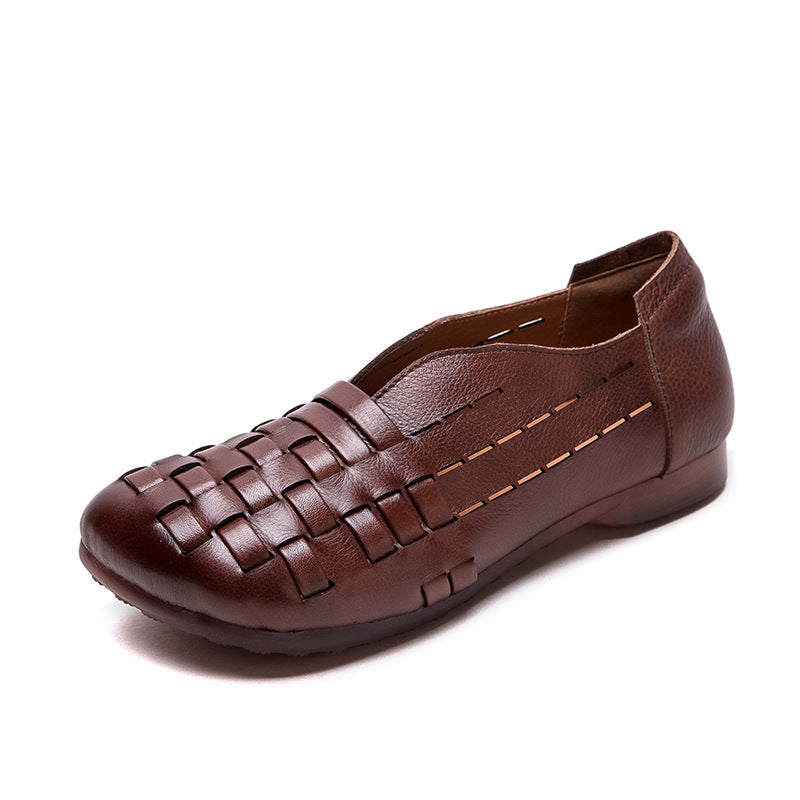 Women Vintage Handmade Plaited Leather Flat Casual Shoes-RAIIFY