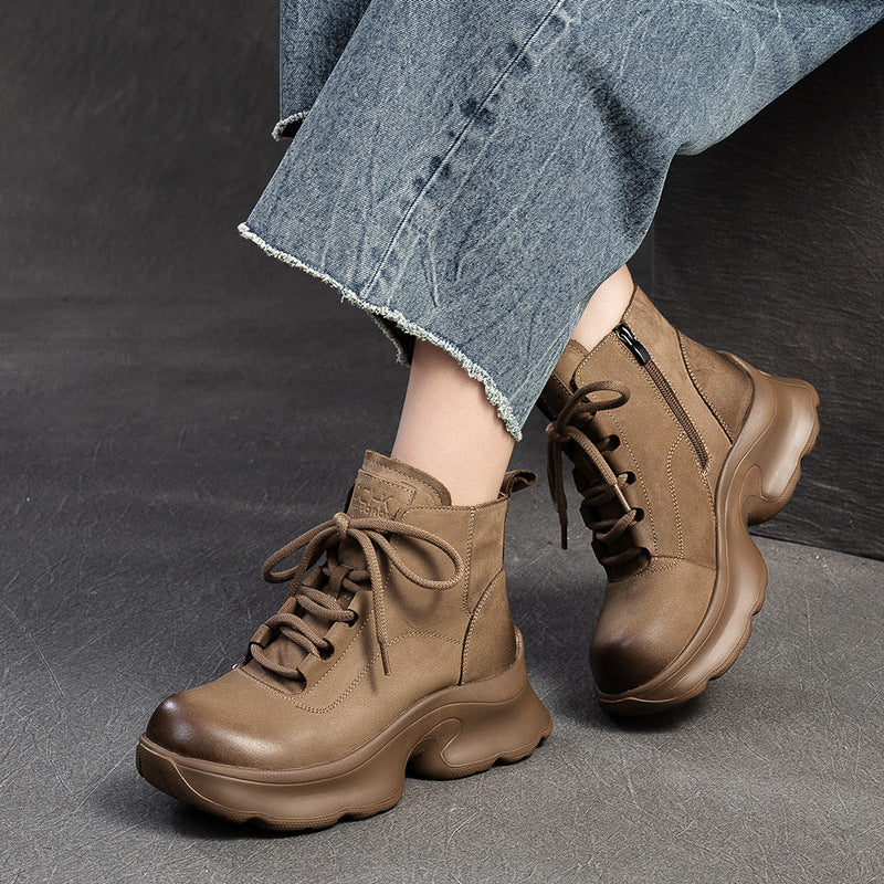 Women Minimalism Solid Leather Platform Ankle Boots-RAIIFY