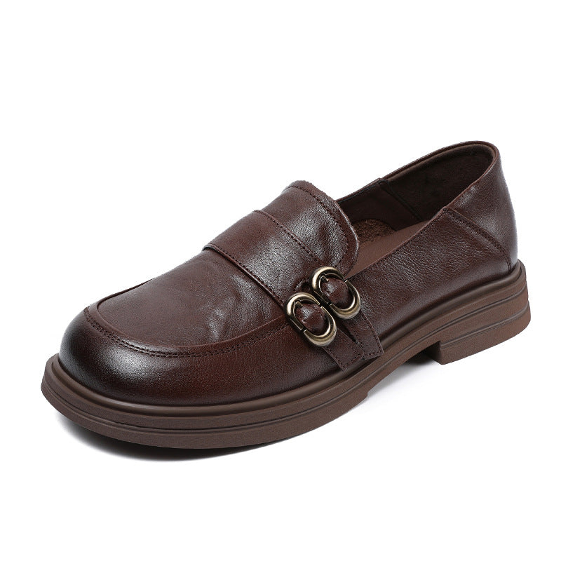 Women Retro Solid Leather Buckle Flat Loafers-RAIIFY