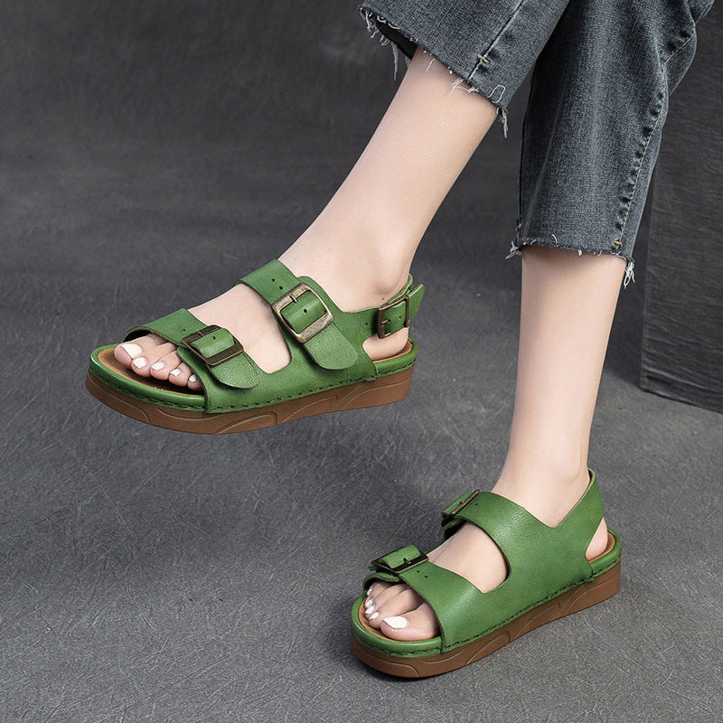 Women Retro Leather Flat Casual Buckle Sandals-RAIIFY