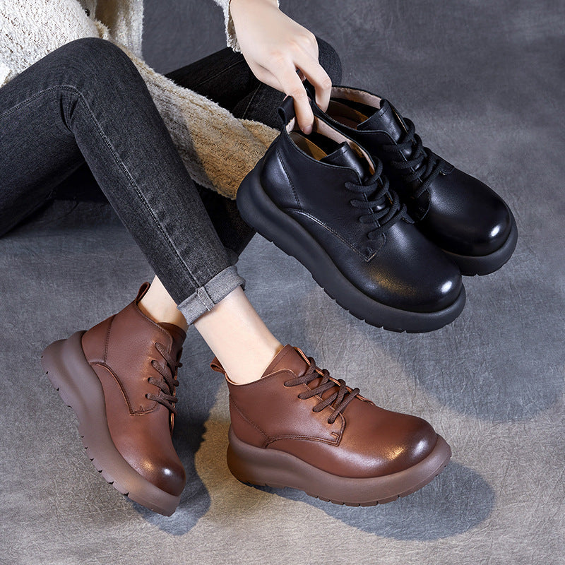 Women Retro Solid Leather Thick Soled Casual Shoes-RAIIFY