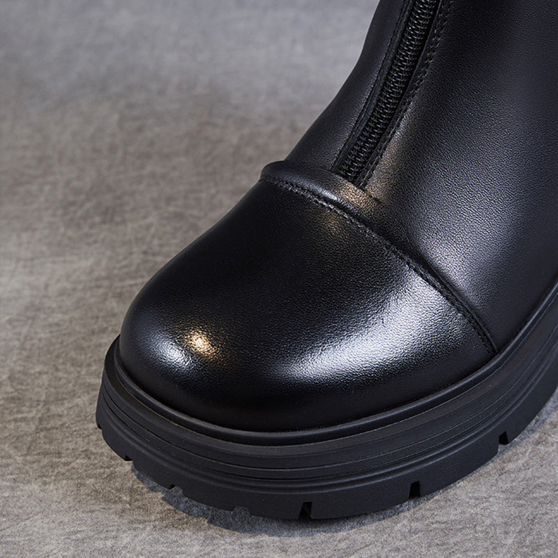 Women Minimalism Leather Front Zipper Casual Boots-RAIIFY