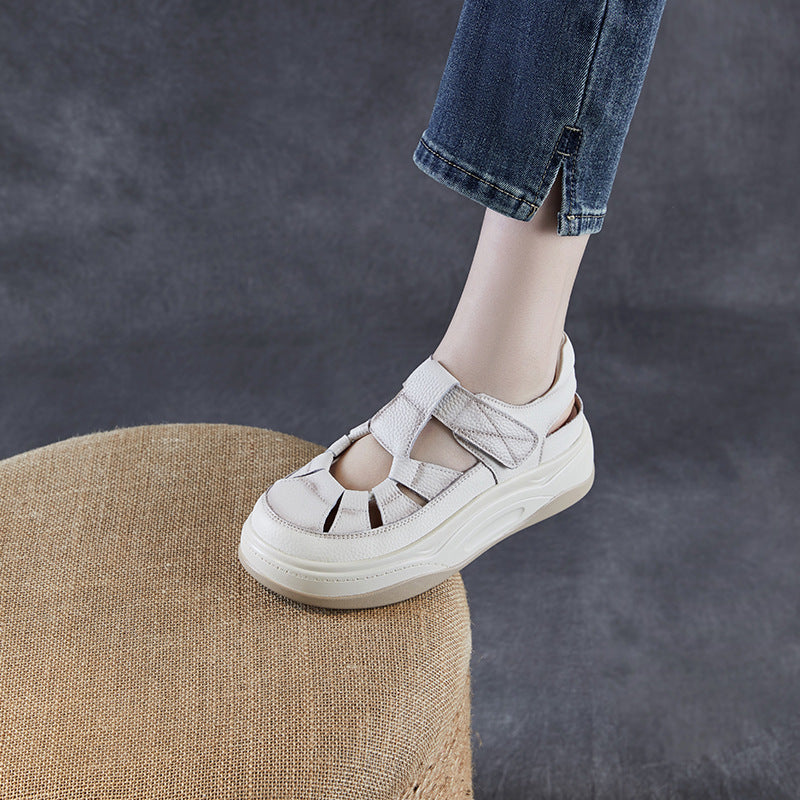 Women Plain Leather Round Head Platform Casual Sandals-RAIIFY
