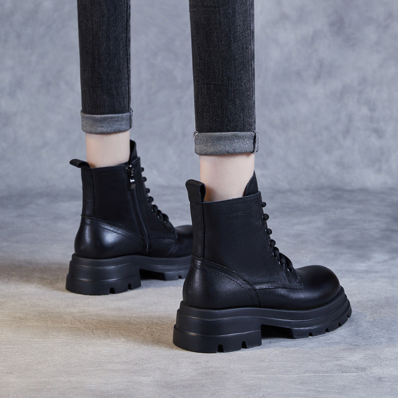 Women Minimalism Solid Leather Thick Soled Boots-RAIIFY