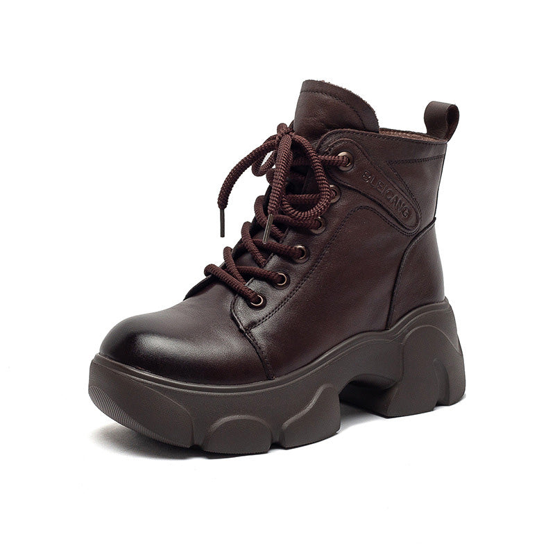 Women's Vintage Leather Wool Platform Boots-RAIIFY