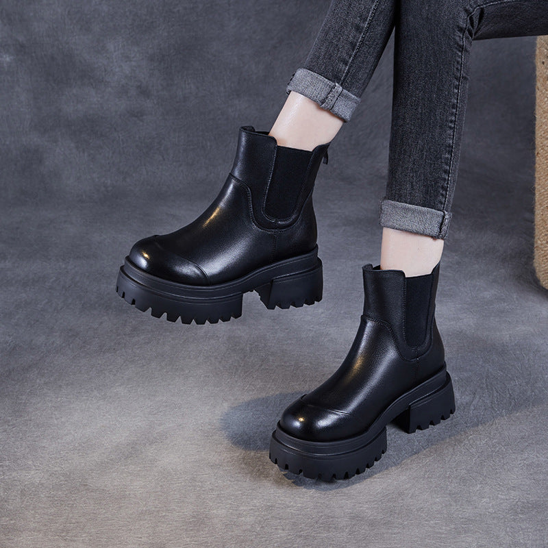 Women Simple Solid Leather Platform Ankle Boots-RAIIFY