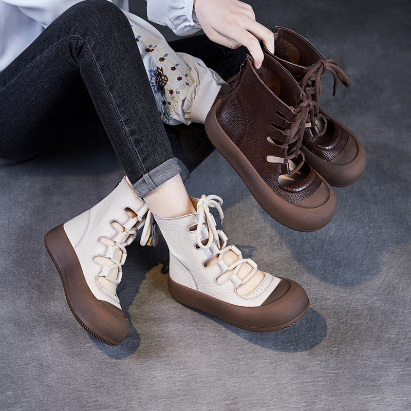 Women Retro Plain Hollow Leather Ankle Boots-RAIIFY