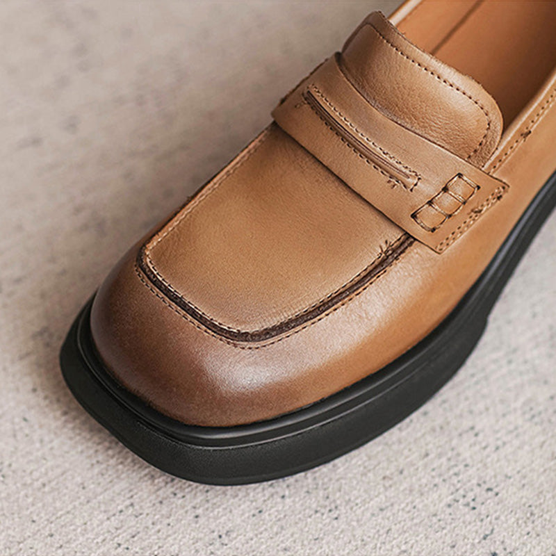 Women Retro Leather Square Head Thick Soled Loafers-RAIIFY