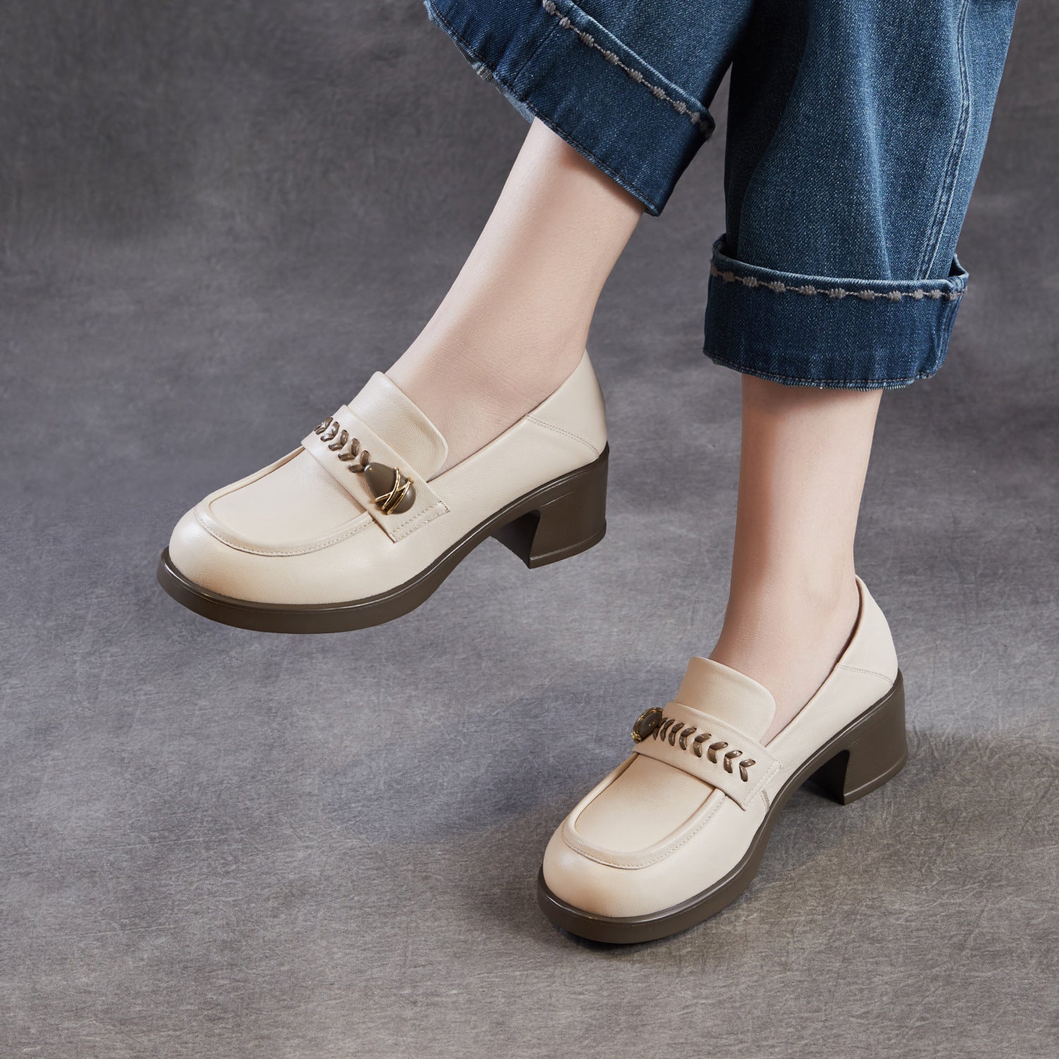 Women's Plain Leather Casual Chunky Heel Loafers-RAIIFY
