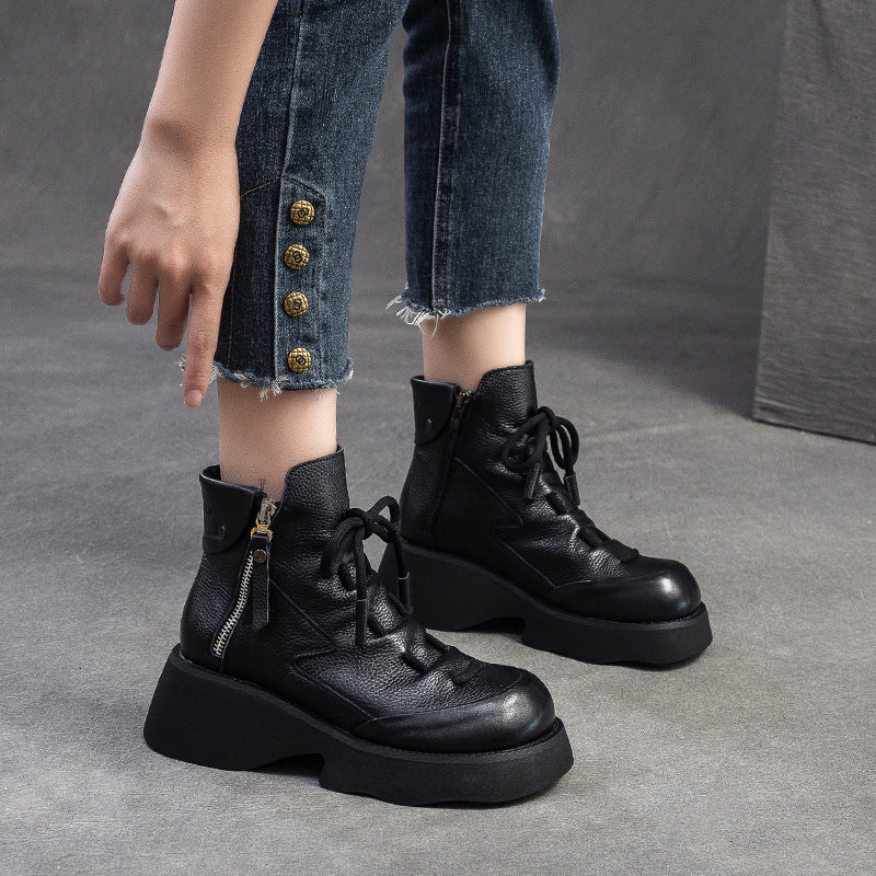 Women Handmade Leather Casual Platform Boots-RAIIFY