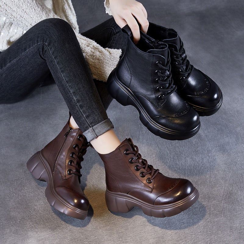 Women Vintage Solid Leather Thick Soled Ankle Boots-RAIIFY