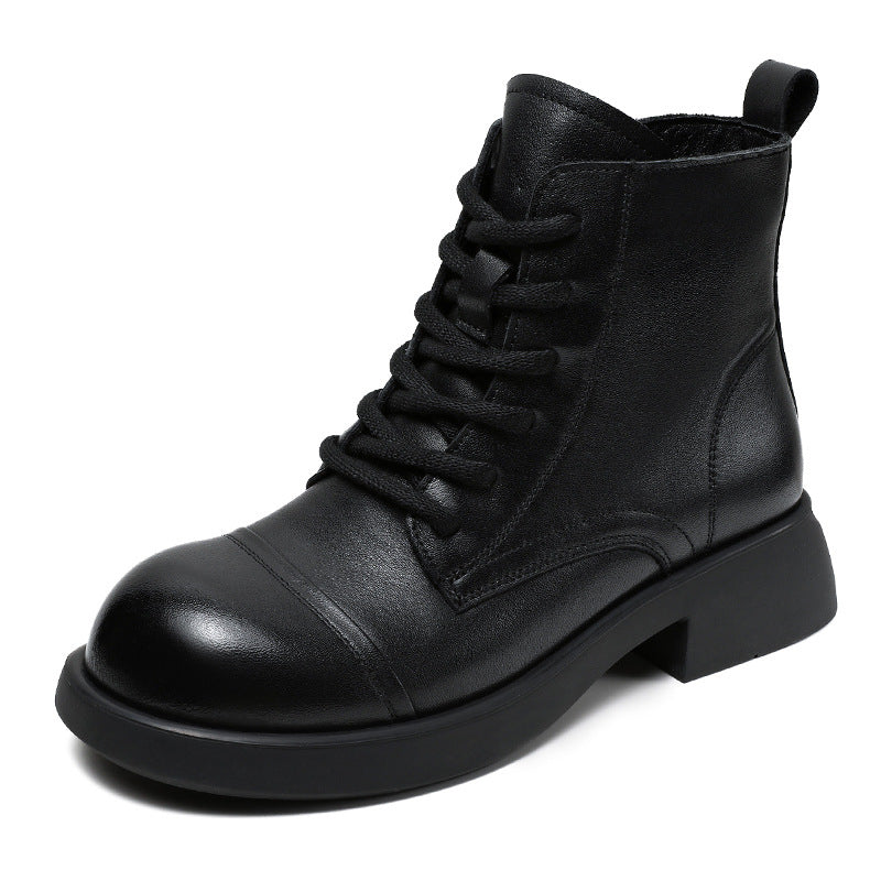 Women Retro Solid Leather Casual Combat Boots-RAIIFY