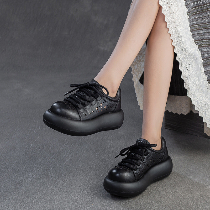 Women Plain Hollow Leather Platform Casual Shoes-RAIIFY