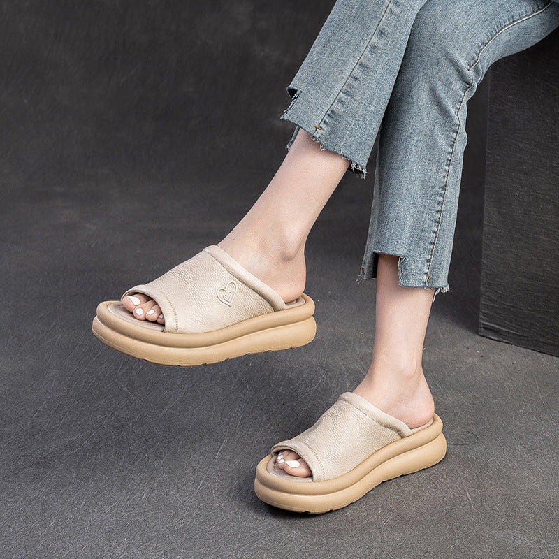 Women Casual Leather Soft Platform Slides Sandals-RAIIFY