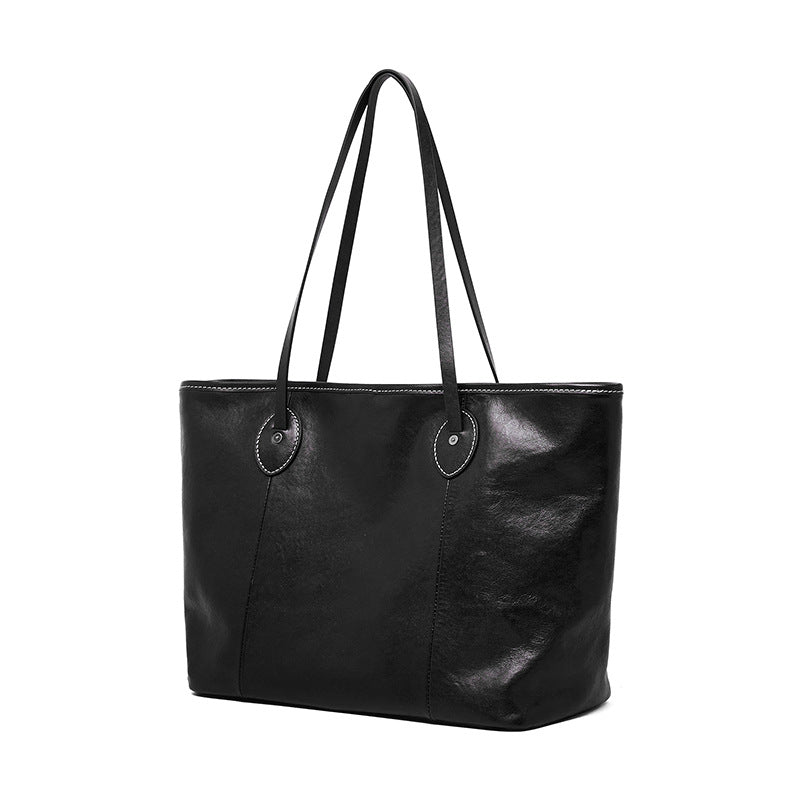 Women Simple Solid Leather Large Capacity Shoulder Tote Bag-RAIIFY