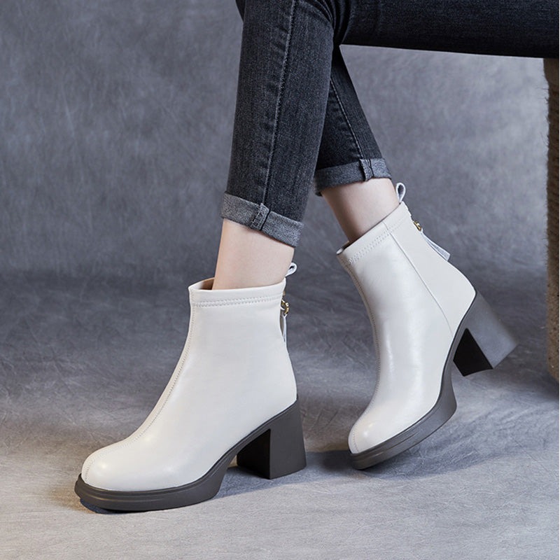 Women Fashion Solid Leather Elegant Chunky Heel Ankle Boots-RAIIFY