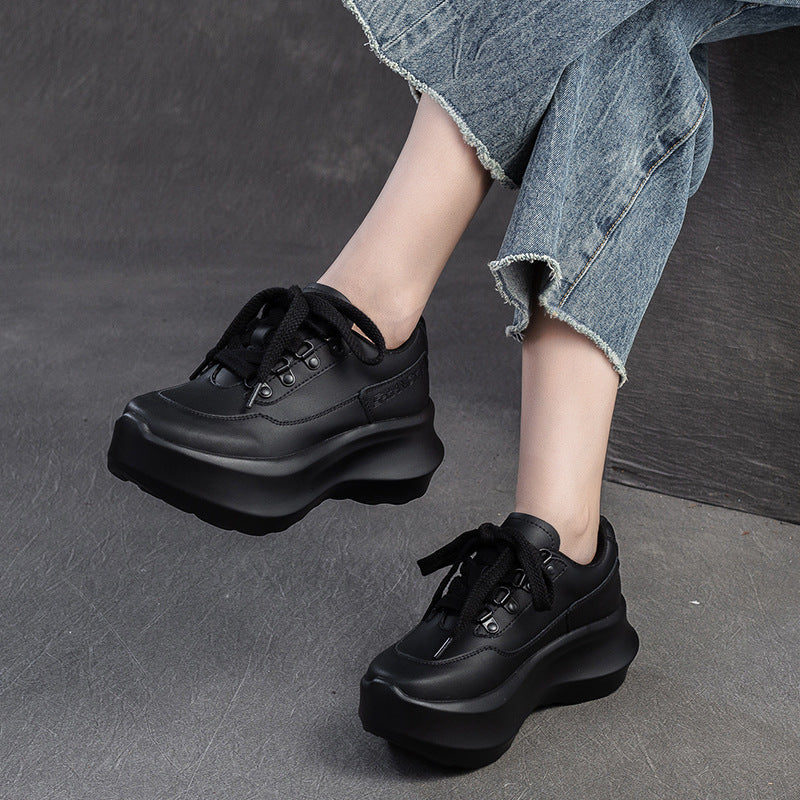 Women Retro Minimalism Solid Leather Platform Casual Shoes-RAIIFY