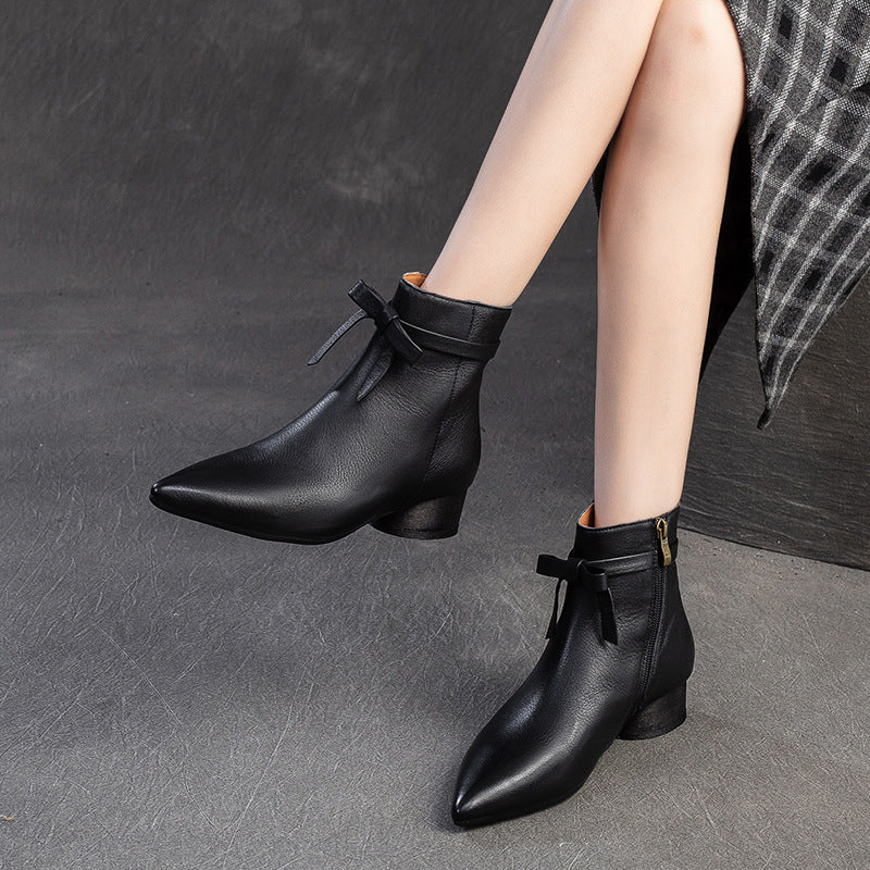 Women Retro Solid Leather Pointed Toe Low Block Ankle Boots-RAIIFY