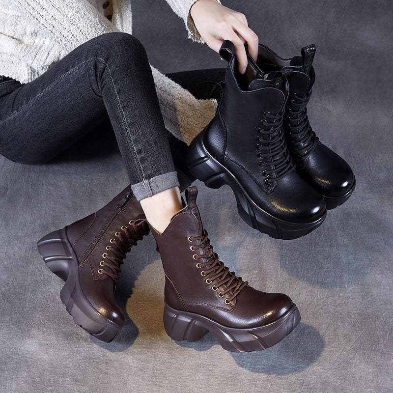 Women Retro Soft Leather Chunky Platform Boots-RAIIFY