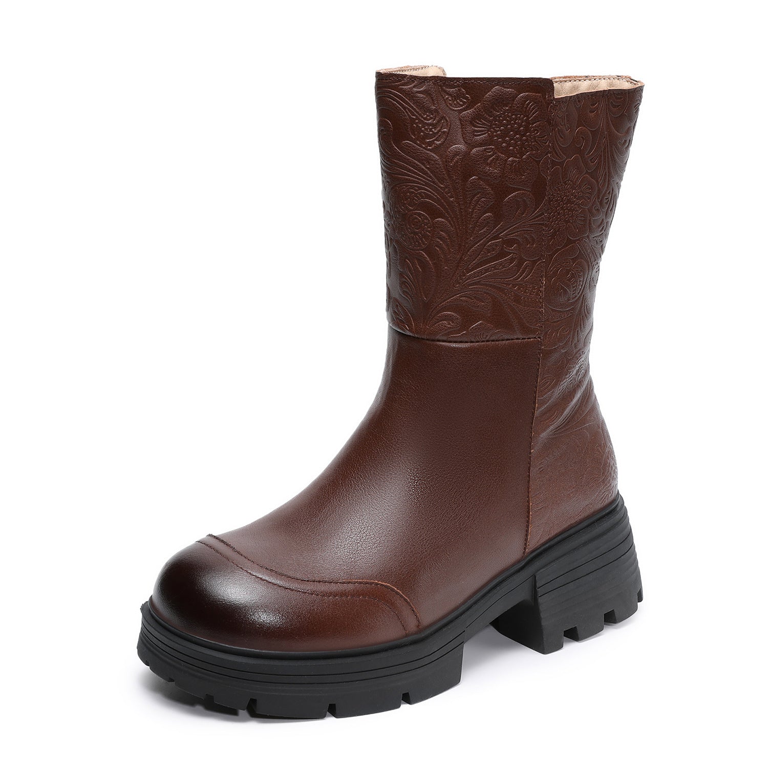 Women's Retro Embossed Leather Furred Mid-Calf Boots-RAIIFY