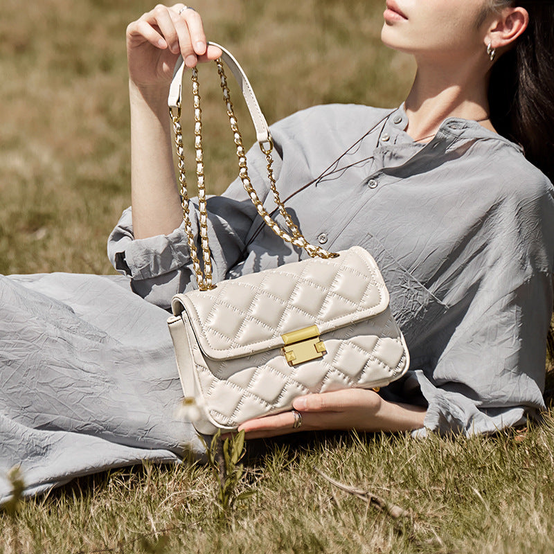 Women's Plain Quilted Leather Chain Strap Cross Body Bag-RAIIFY