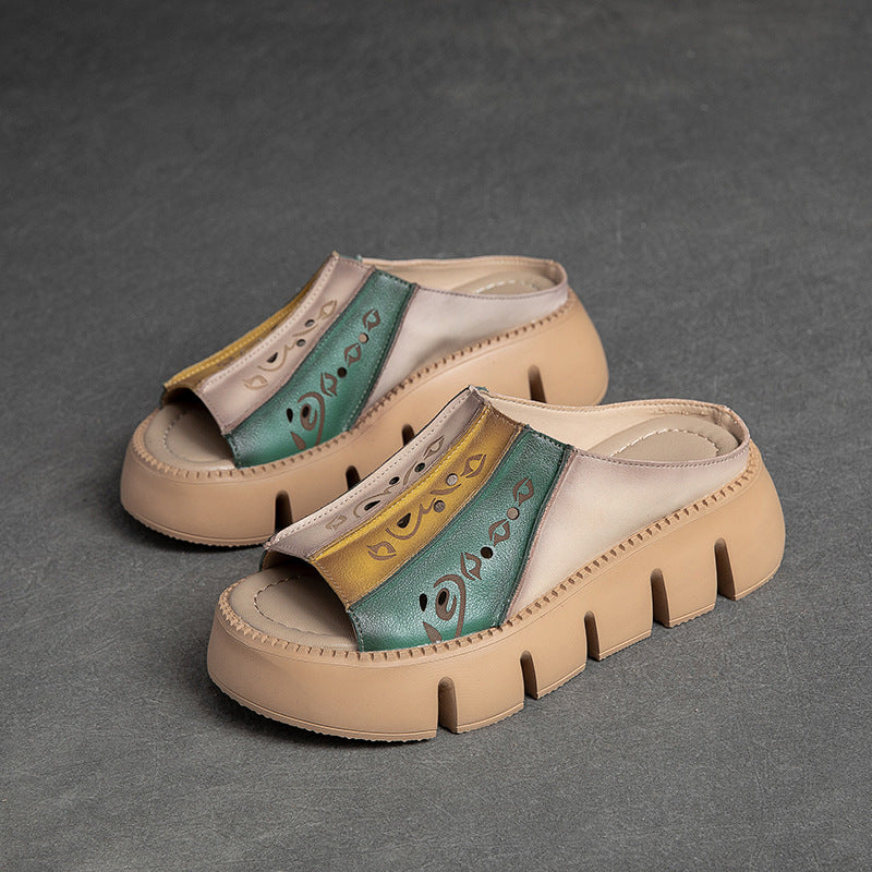 Women's Fashion Color Matching Leather Platform Slides-RAIIFY