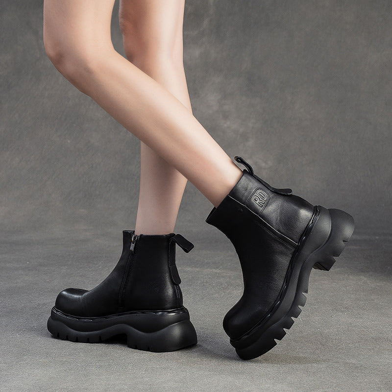 Women's Retro Plain Leather Casual Ankle Boots-RAIIFY
