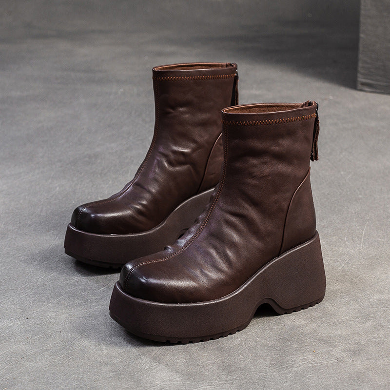 Women Retro Solid Leather Chunky Platform Boots-RAIIFY