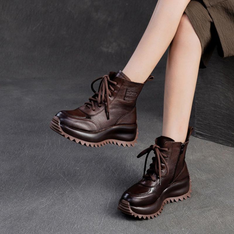 Women Retro Solid Leather Anti-Slip Thick Soled Ankle Boots-RAIIFY