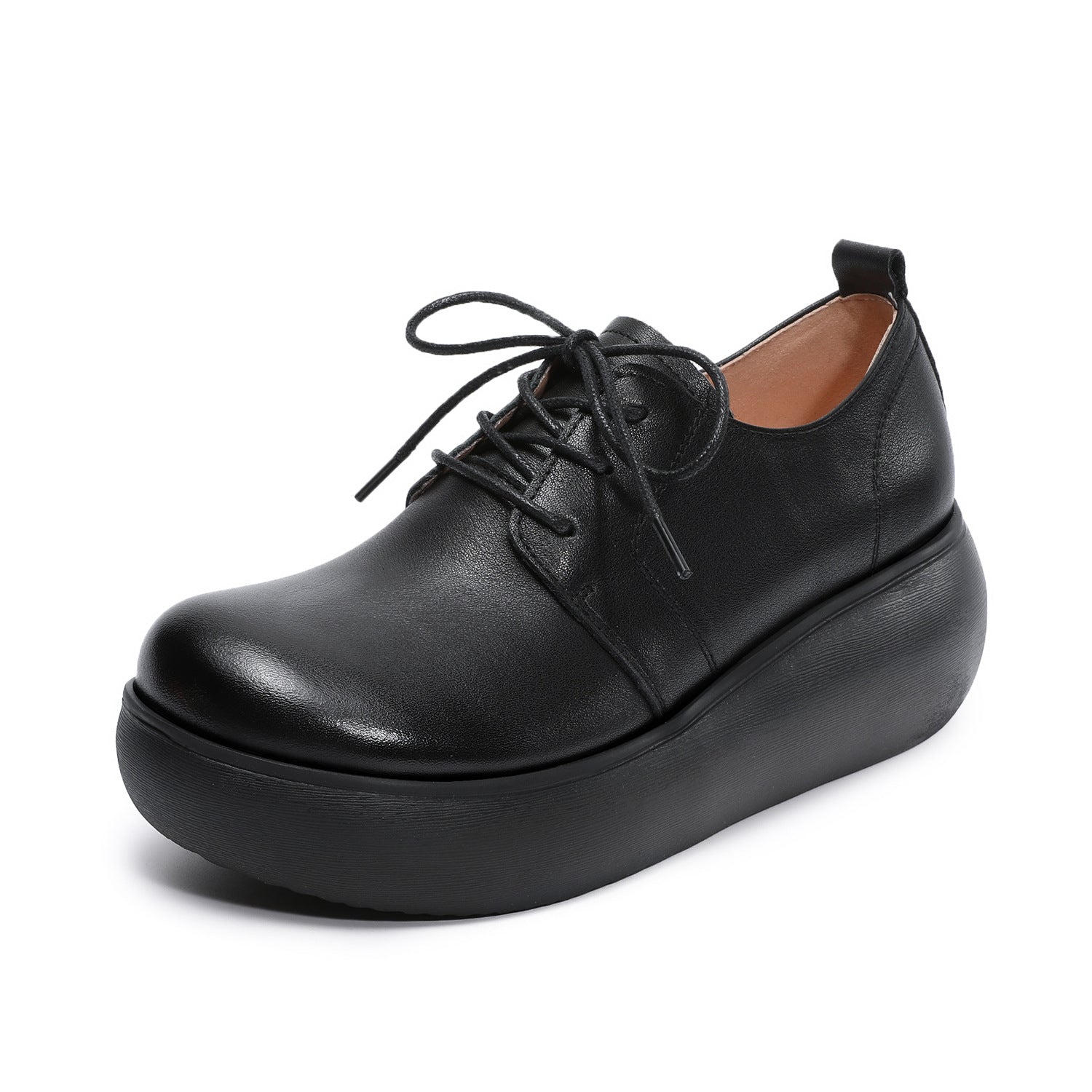 Women Genuine Leather Platform Round Toe Retro Comfort Loafers-RAIIFY