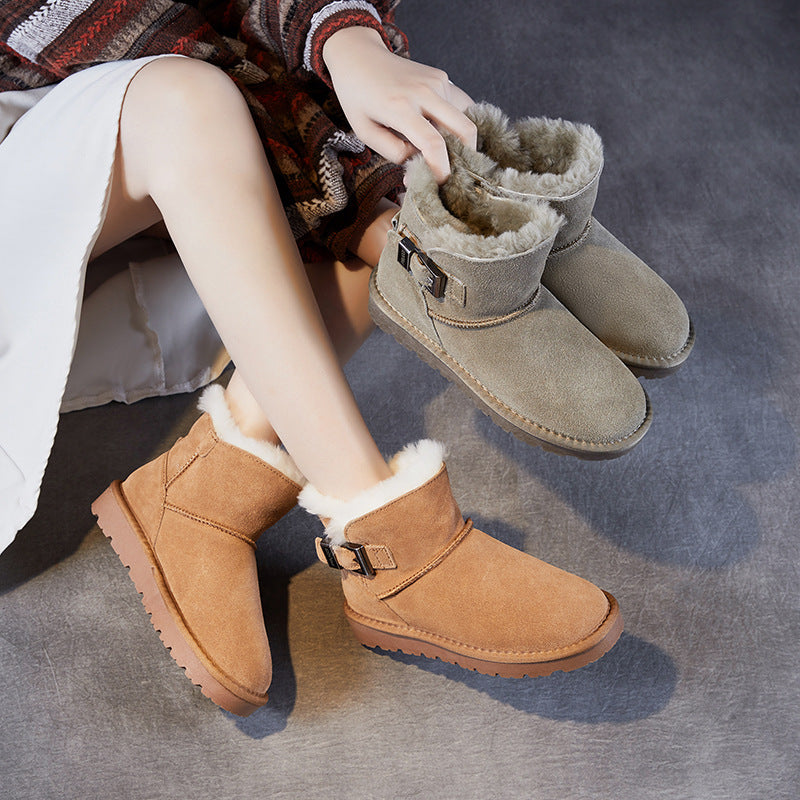 Women Winter Furred Suede Buckle Flat Ankle Boots-RAIIFY