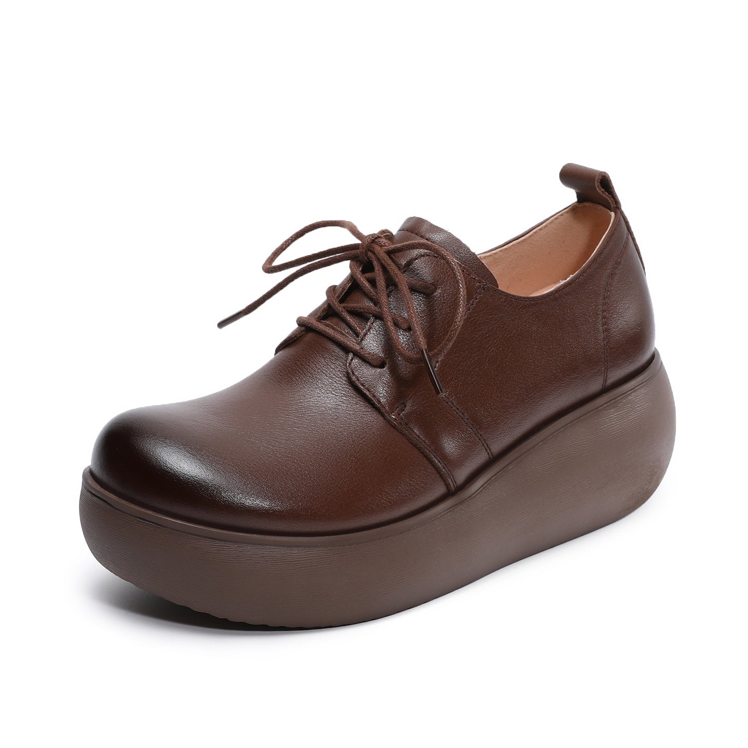 Women Genuine Leather Platform Round Toe Retro Comfort Loafers-RAIIFY