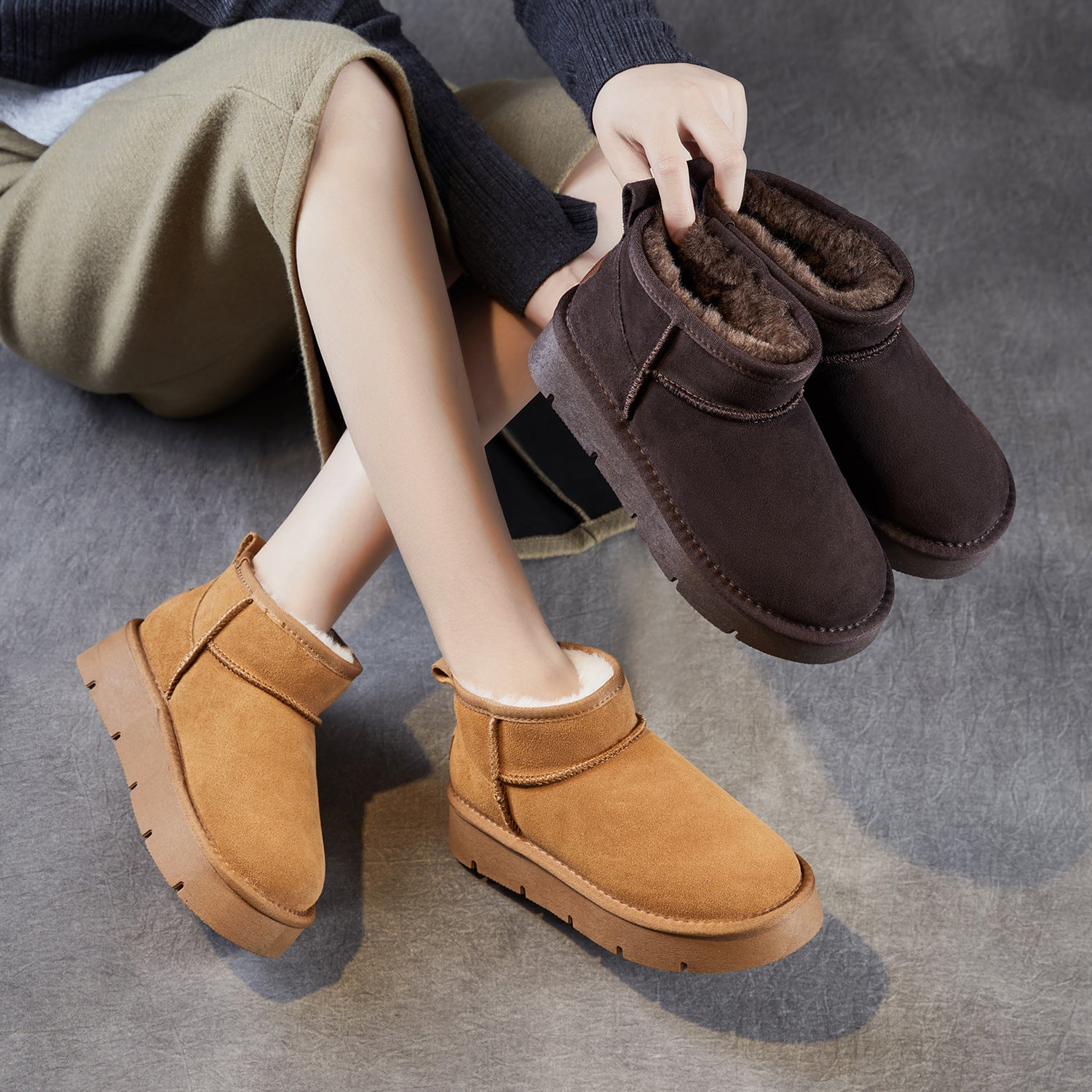 Women's Retro Plain Suede Furred Ankle Boots-RAIIFY