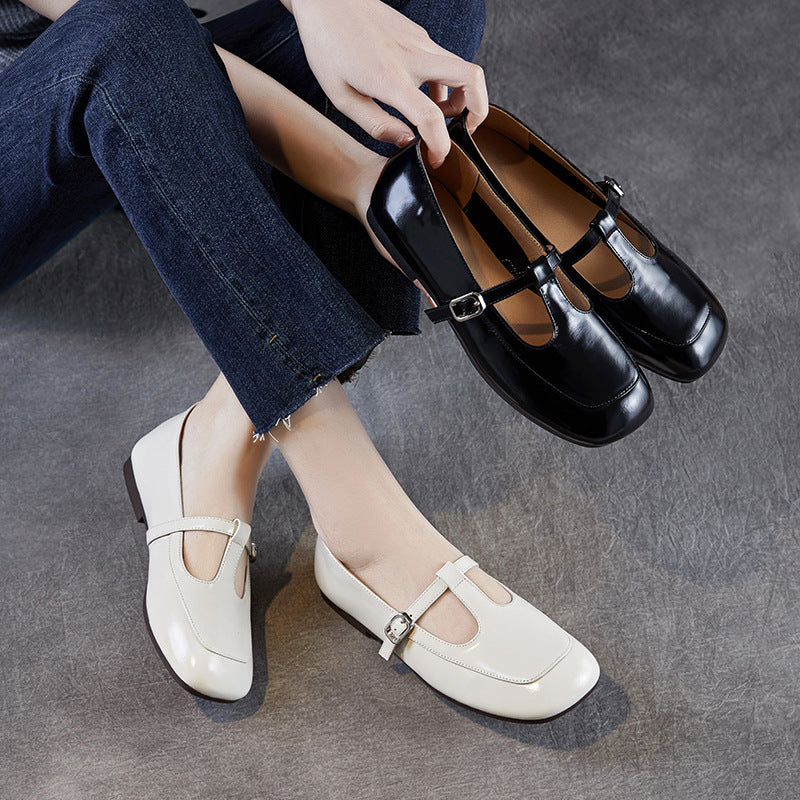 Women's Plain Soft Leather T-Strap Flat Mary Jane Shoes-RAIIFY