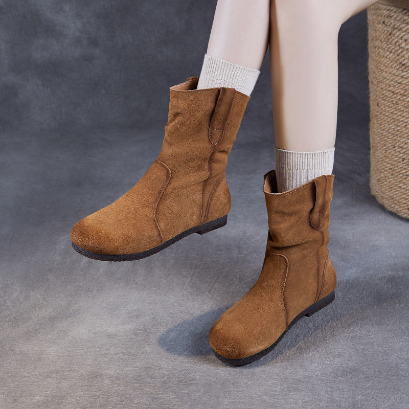 Women Vintage Solid Suede Flat Casual Boots-RAIIFY