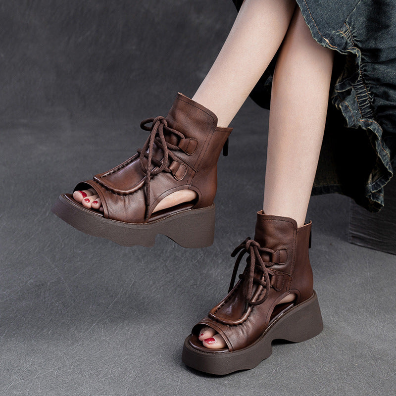 Women Retro Soft Leather High Top Platform Sandals-RAIIFY